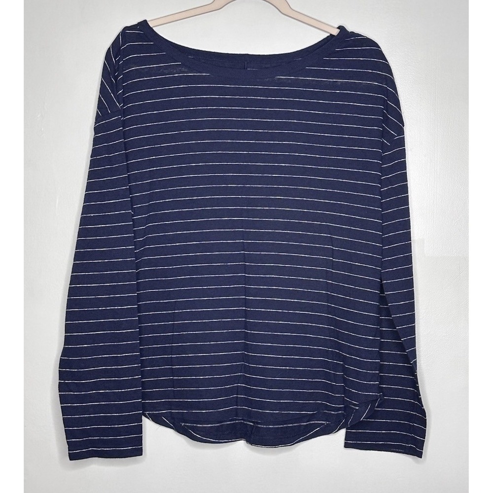 Gap Linen Blend Tee Womens LT Navy  Blue Striped Long Sleeve Coastal Nautical